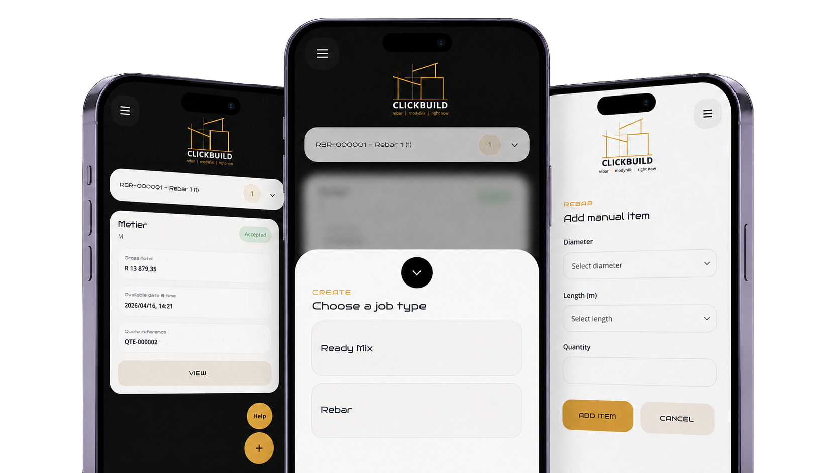 ClickBuild app showcasing job creation, rebar item entry, and supplier quote screens.