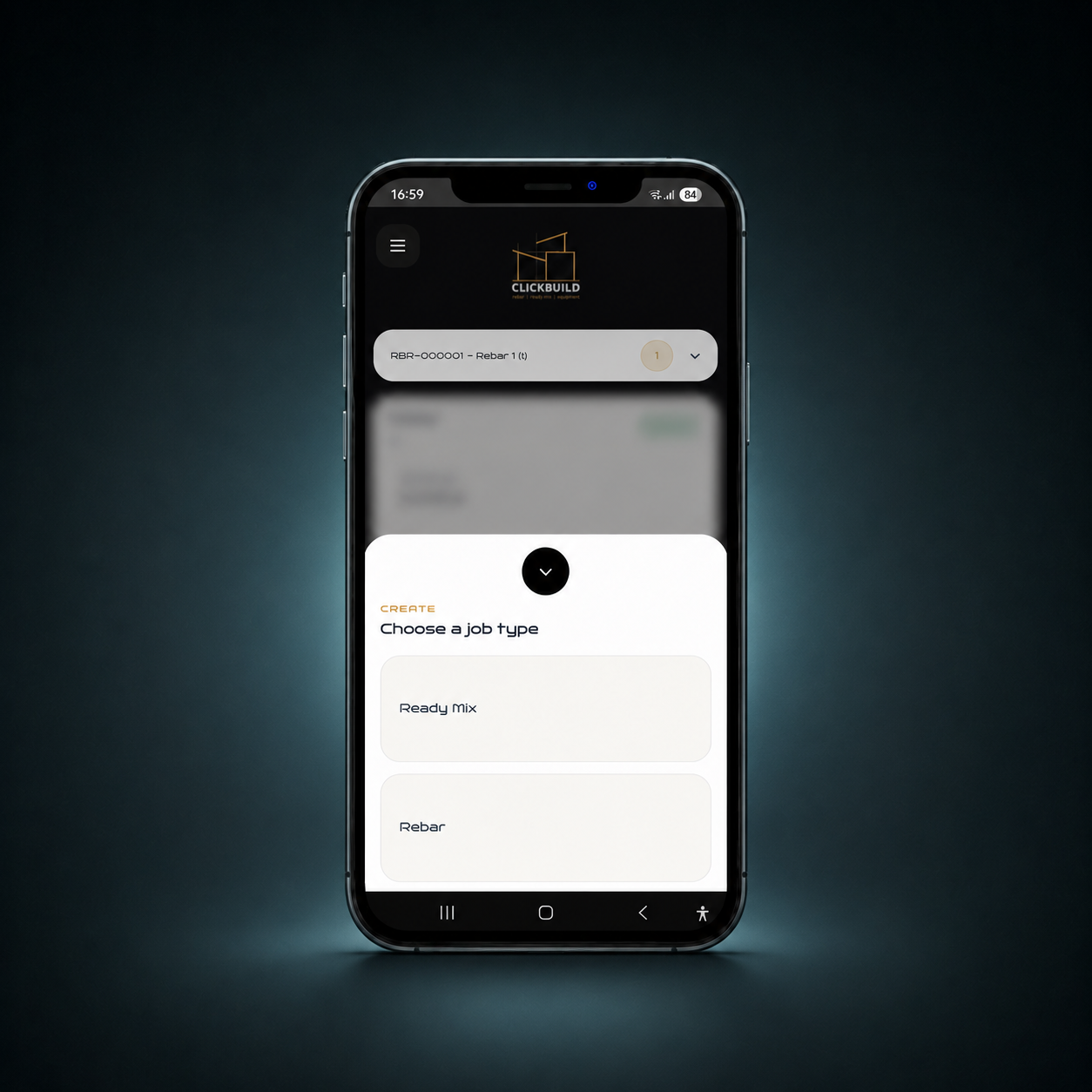 ClickBuild app screen for creating a ready-mix or rebar job.