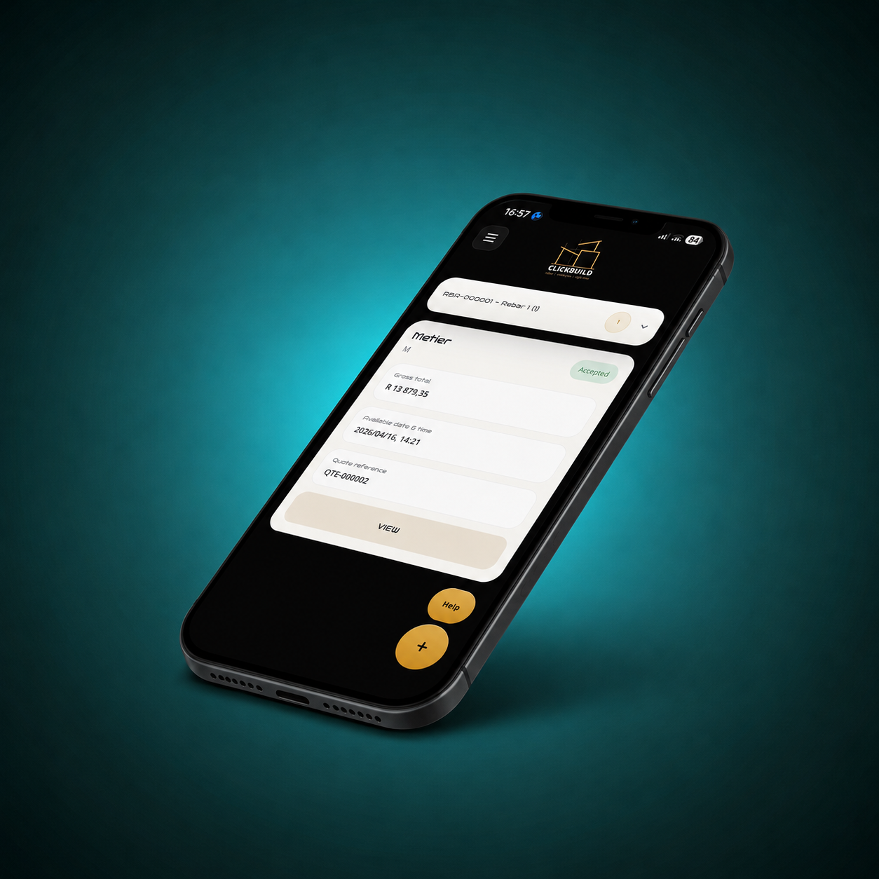 ClickBuild mobile app screen for managing ready-mix and rebar quote requests.
