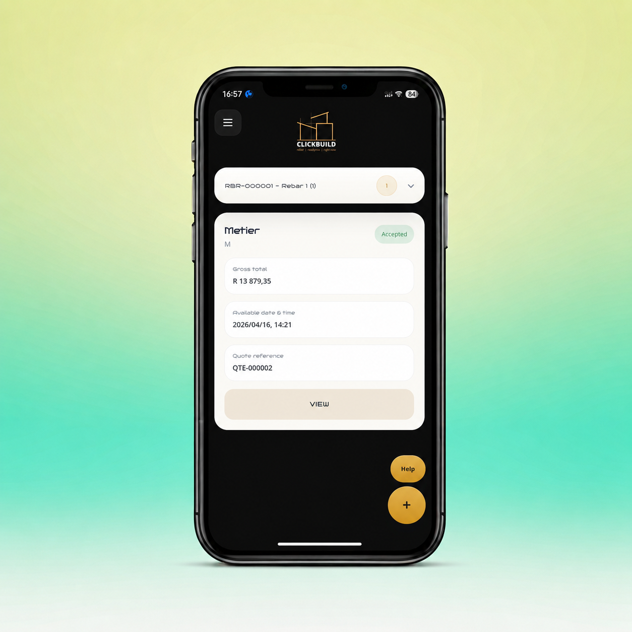 ClickBuild app showing organised construction jobs and quote request details.
