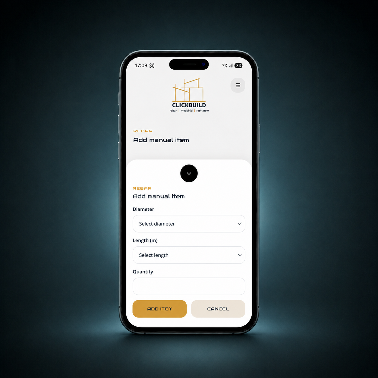 ClickBuild app screen for manually entering rebar requirements.